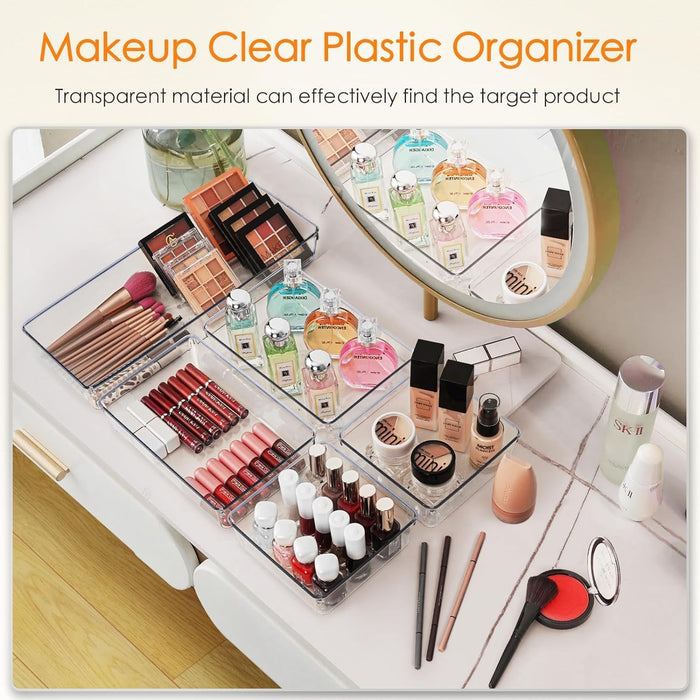 Purfex 10 Pack Drawer Organiser Trays, Large Clear Plastic Drawer Organizers Set 3 Size for Bathroom ,Vanity, Storage Bins ,Makeup, Bedroom, Kitchen Cupboard, Gadgets & Utensils