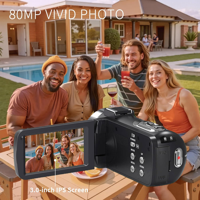 4K 80MP Camcorder Video Camera Ultra HD Vlogging Camera for YouTube 18X Digital Zoom Recorder 3.0" IPS HD Screen With Handheld Stabilizer, Microphone, Remote Control and 32GB SD Card