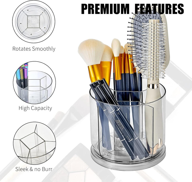 KASTWAVE Makeup Brush Holder Organizer, 360 Rotating Makeup Brush Holder Organizer, Dustproof Cosmetic Brush Storage Organizer, Round Make up Brush Stand with 5 Slots, for Cosmestics (Clear)