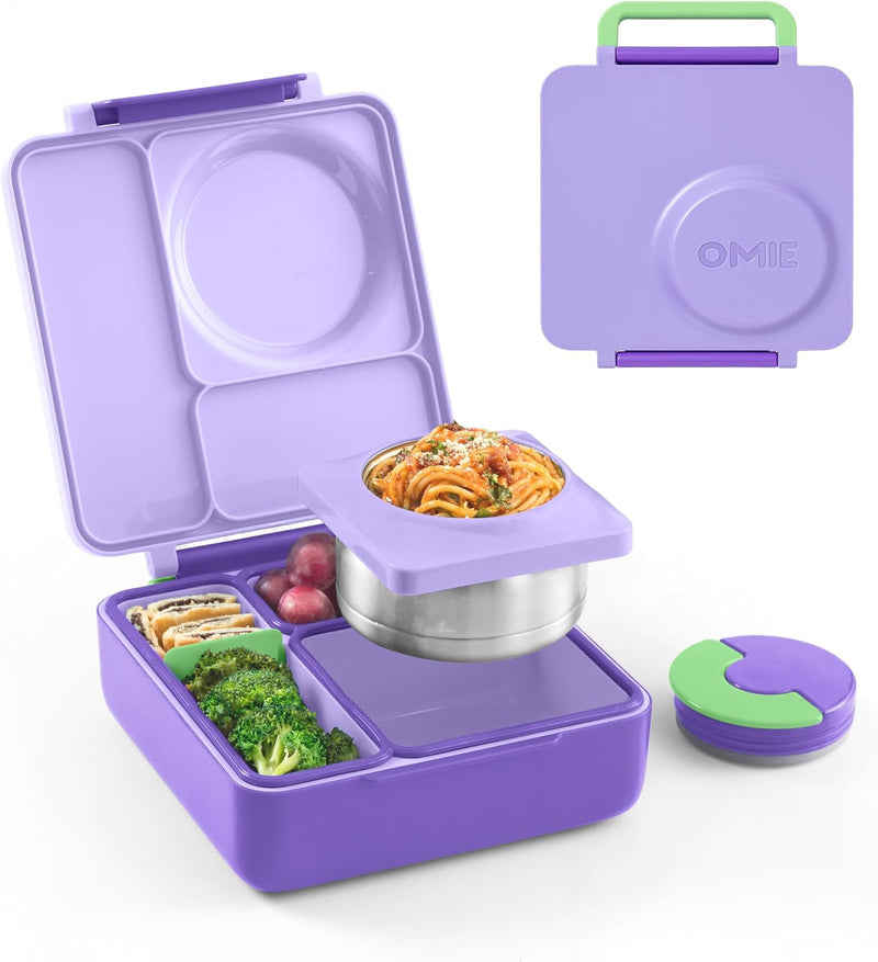 OmieBox UP bento box for kids Insulated lunch box Leak proof thermos food jar Cooler ice pack 2 Compartments (Teal Green) - Lilac Purple OMIEBOX (AGE 3-8 Years old)