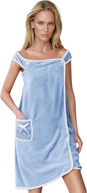 Women's Wearable Bath Towel Dress, Light Blue Coral Fleece Body Wrap Robe with Pocket Design, Quick Dry Soft Shower Wrap Skirt for Spa, Sauna, Beach, Hotel, Towelling Cover-Up for Ladies