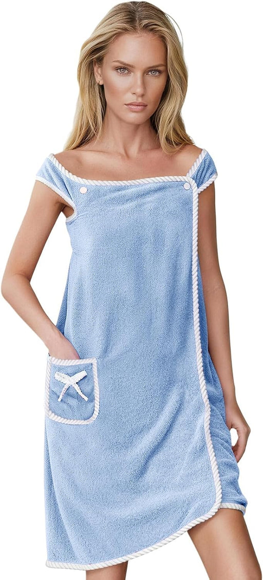 Women's Wearable Bath Towel Dress, Light Blue Coral Fleece Body Wrap Robe with Pocket Design, Quick Dry Soft Shower Wrap Skirt for Spa, Sauna, Beach, Hotel, Towelling Cover-Up for Ladies