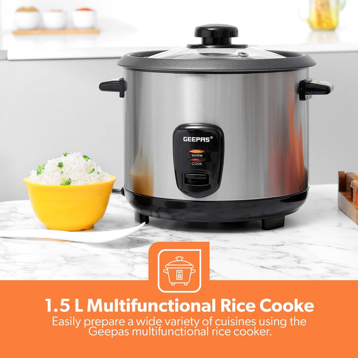 Geepas 1.5 L Multifunctional Rice Cooker- GRC35040| Durable Construction with Cool Touch Handle|Equipped with Tempered Glass Lid, Rice Spoon, Aluminum Outer Steamer and Measuring Cup|2 Years Warranty
