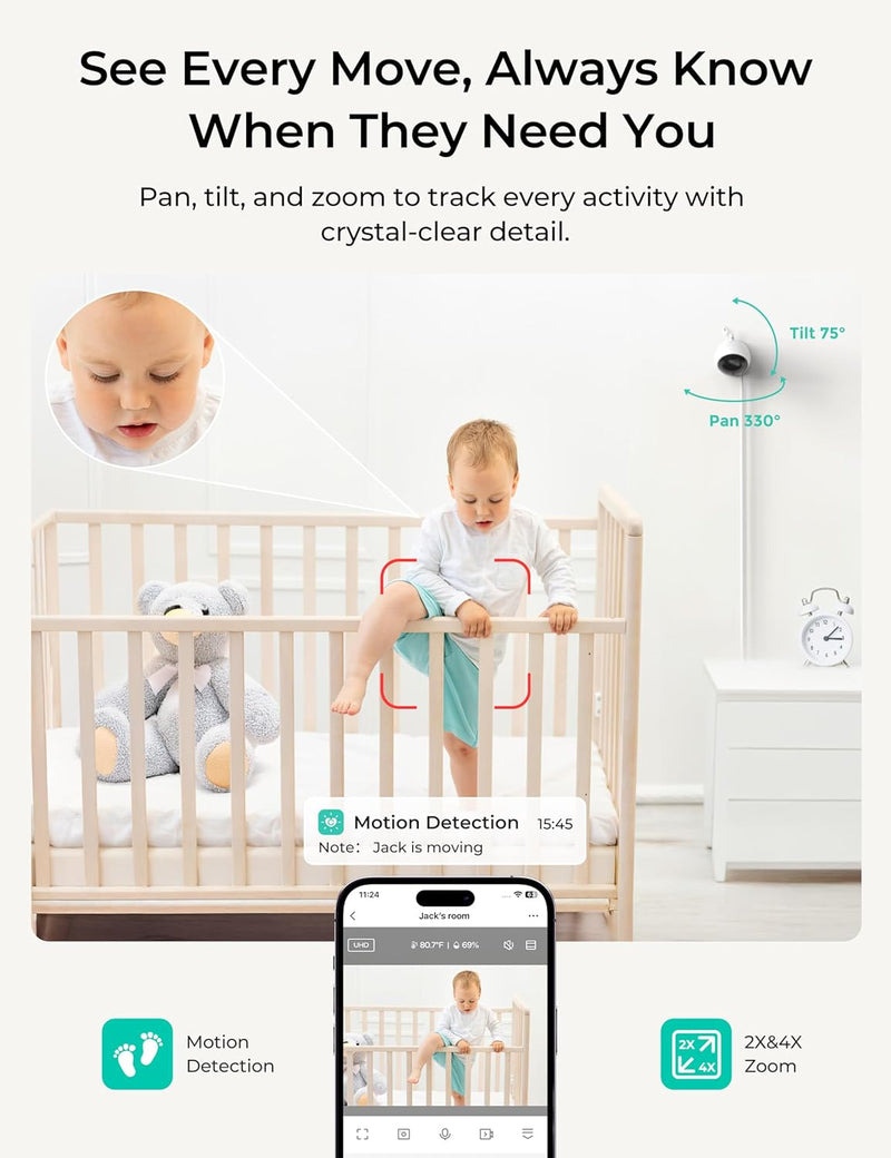 Dr.Care VistaView Lite Smart WLAN Baby Monitor - 4 Inch 720P Split Screen & 1080P Camera, App Control, Motion Alarms, HD Night Vision, 3000 mAh Battery, 2-Way Audio, Multi-User, Triple Security, 1000