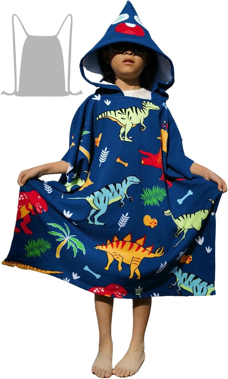 Soft Microfiber Swim Towel with Hood for Bath and Beach, for Kids Ages 3-10, Dinosaur 2 - Dinos Fits 3-10 years