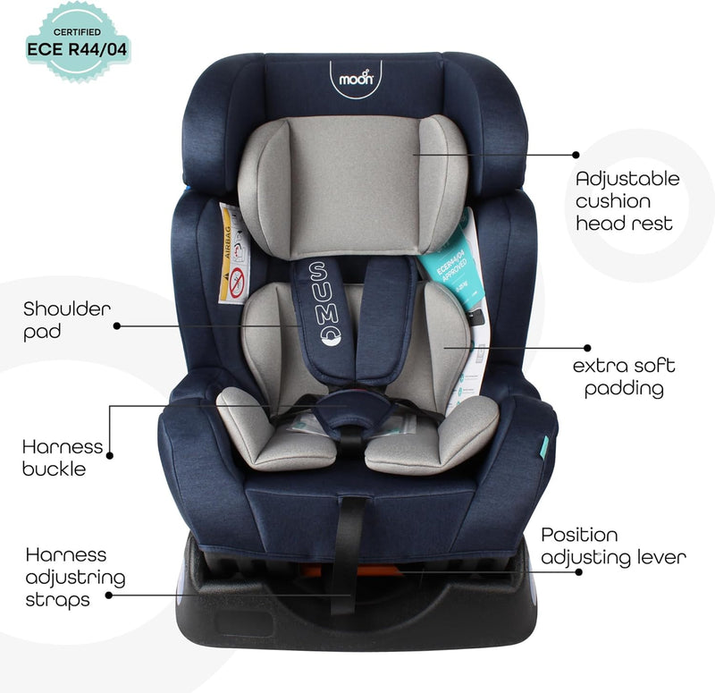 The Moon Brand Sumo Car Seat – Birth to 6yrs Baby Travel Gear – Convertible Rear & ForwardFacing Booster Seat – Reclining Car Seat for Group 012 – Child Comfort Car Accessories – Light Grey