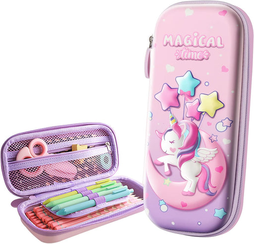 Cute Unicorn Pencil Case For Girls3D Plastic Large Capacity Cute Pencil Pouch Gift for Teen Boys School (Moon Unicorn, M)