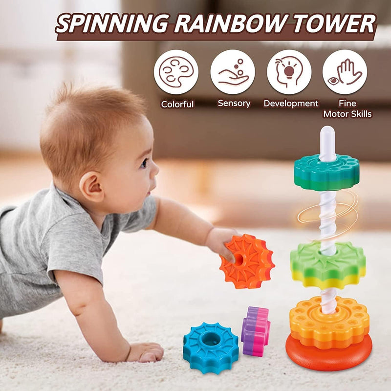 AquaFalcon Baby Spinning Stacking Toys for Toddlers 1-3, Rainbow Ring Stacker Montessori Toys for Babies 6-12 Months, 1 2 3 One Year Old Girl Boy Christmas Birthday Gifts, Autism Sensory Learning Toy