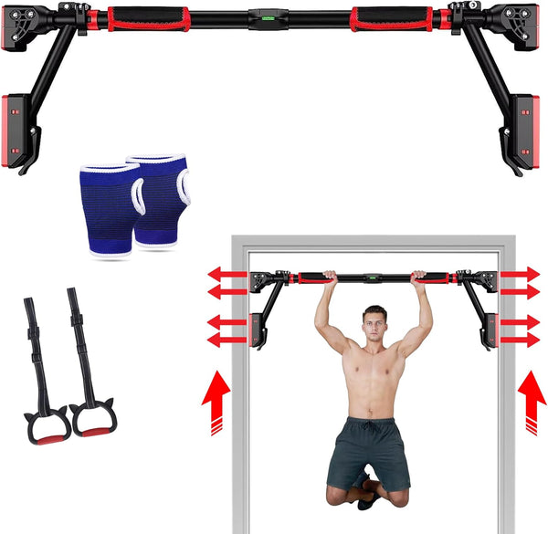 Pull Up Bar - Two-way Support Strength Training Chin up Bar for Doorway, 1 Pair of Gym Rings, 1Pair of Gloves, Portable Pullup Bar for Gym Exercise Fitness with Level Meter (Black, Pack of 3)