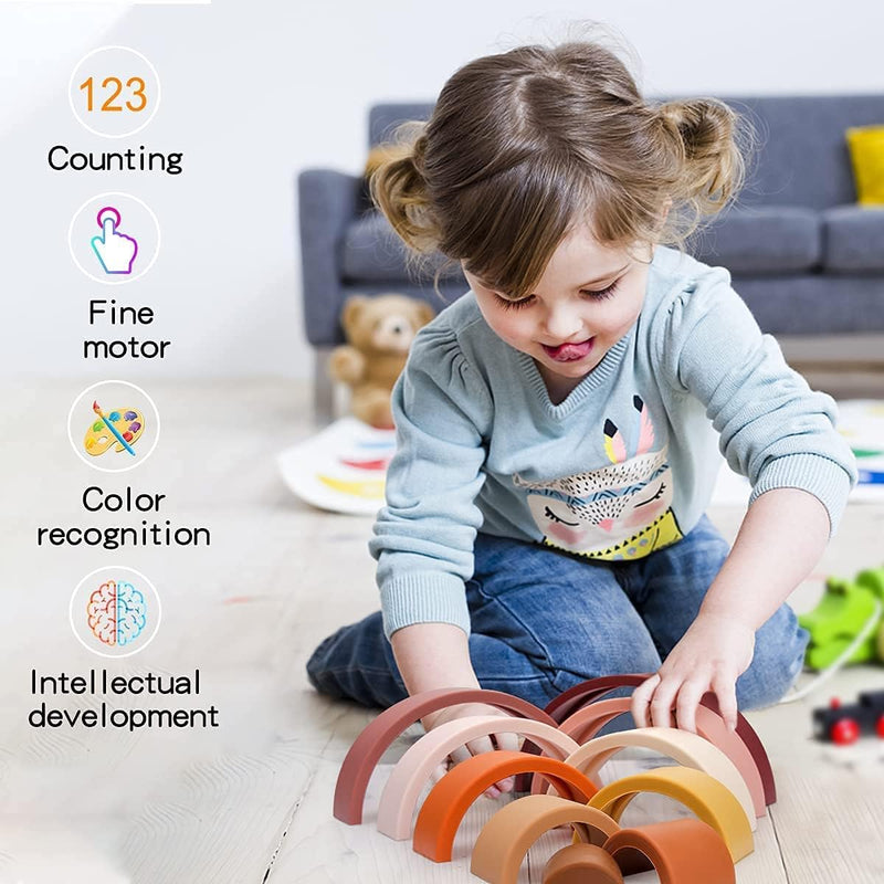 Baybee Wooden Stacking & Building Puzzle Toys for Kids Toddlers Nesting Toys for Montessori Learning Educational Baby Toys Tunnel Stacking Toys for 2+ Years old (Assorted Wooden Rainbow 10 pcs)