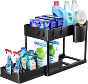 SKY-TOUCH 1pcs Under Sink Shelf Storage Organiser with Sliding Pull Out Drawer,Double Sliding Under Bathroom Cabinet Organization, Kitchen Storage with Hooks,15.6 8.6 13.2cm,Black