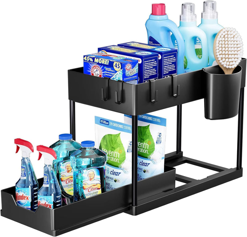 SKY-TOUCH 1pcs Under Sink Shelf Storage Organiser with Sliding Pull Out Drawer,Double Sliding Under Bathroom Cabinet Organization, Kitchen Storage with Hooks,15.6 8.6 13.2cm,Black