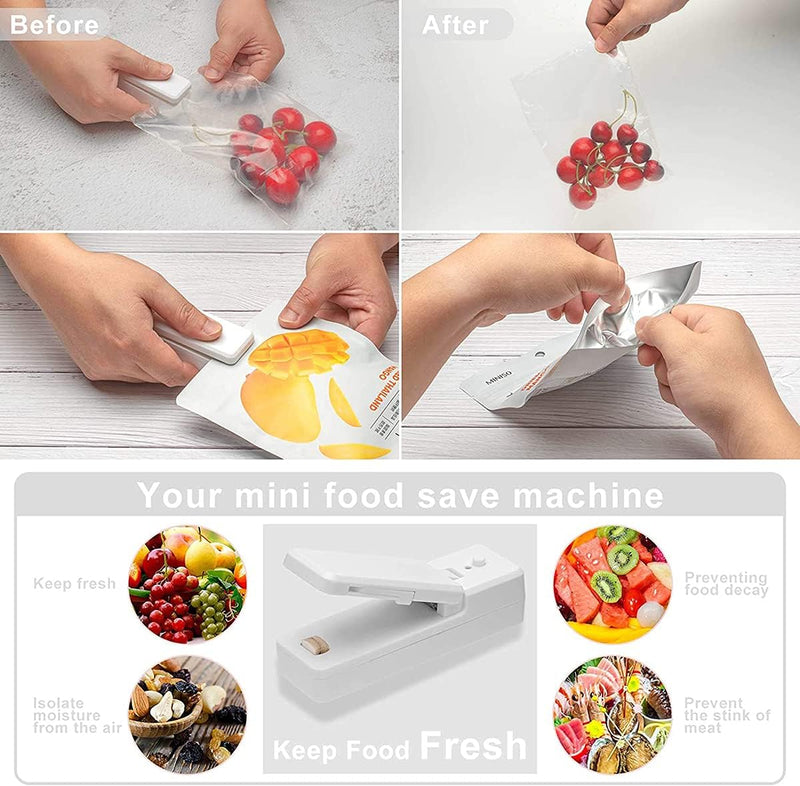 KASTWAVE Mini Bag Sealer, 2 in 1 Portable Rechargeable Handheld Vacuum Heat Sealer and Cutter for Chip Bags Plastic Bags Snack Storage Cookies Freshness Kitchen Food, White