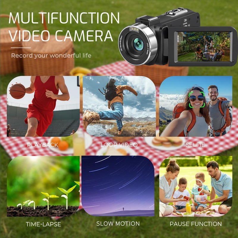 4K 80MP Camcorder Video Camera Ultra HD Vlogging Camera for YouTube 18X Digital Zoom Recorder 3.0" IPS HD Screen With Handheld Stabilizer, Microphone, Remote Control and 32GB SD Card