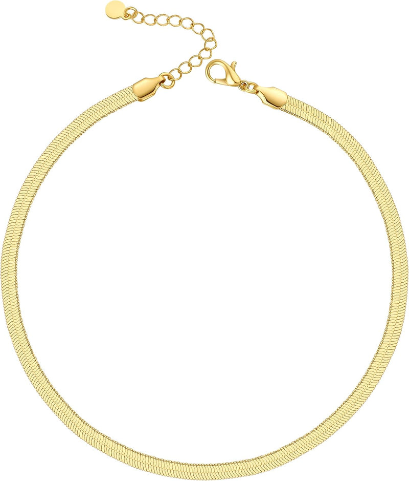 14K Gold Plated Dainty Choker Necklace for Women Girls Snake Chain, Cuban Link, Paperclip, Ball Beaded Chain, Natural Freshwater Pearl Necklace Fashion Jewelry for Gift - Gold Snake Chain - 5mm - 18"