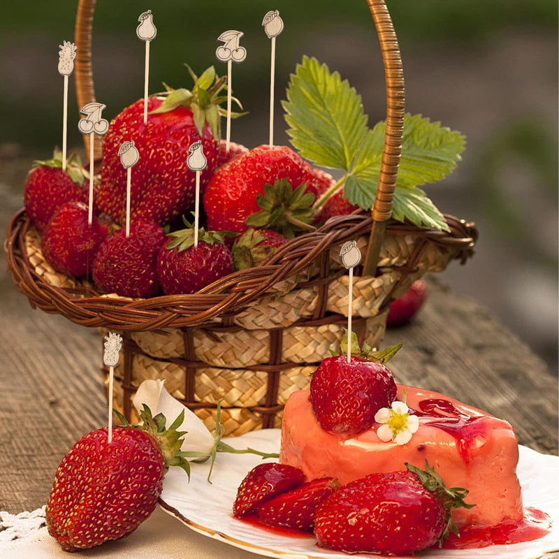 25 Pcs Fruit-Shaped Cocktail Picks 12 CM (4.7 Inch) Bamboo Appetizer & Drink Sticks Assorted Fruit Designs, Natural Wood, for Snacks & Drinks