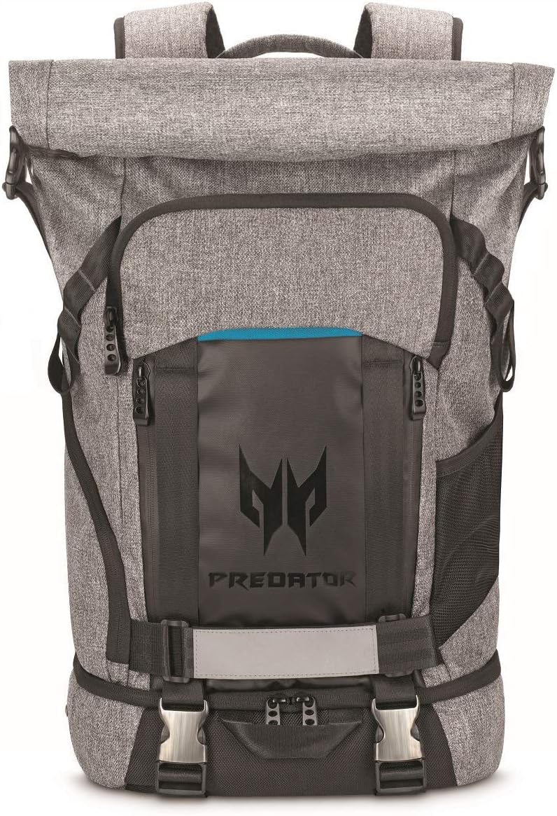 Acer Predator Utility Gaming Backpack, Water Resistant And Tear Proof Travel Backpack Fits And Protects Up To 17.3" Predator Gaming Laptop, Black With Teal Accents - Rolltop Backpack 15.6-inch