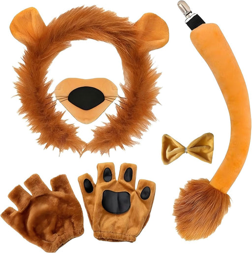 Lion Costume Kit for Kids & Adults - Lion Ears Hairband, Tail, Nose, Bowtie & Gloves for Halloween, Cosplay Parties, Stage Performances - Animal Dress-Up Accessories Set(6pcs)
