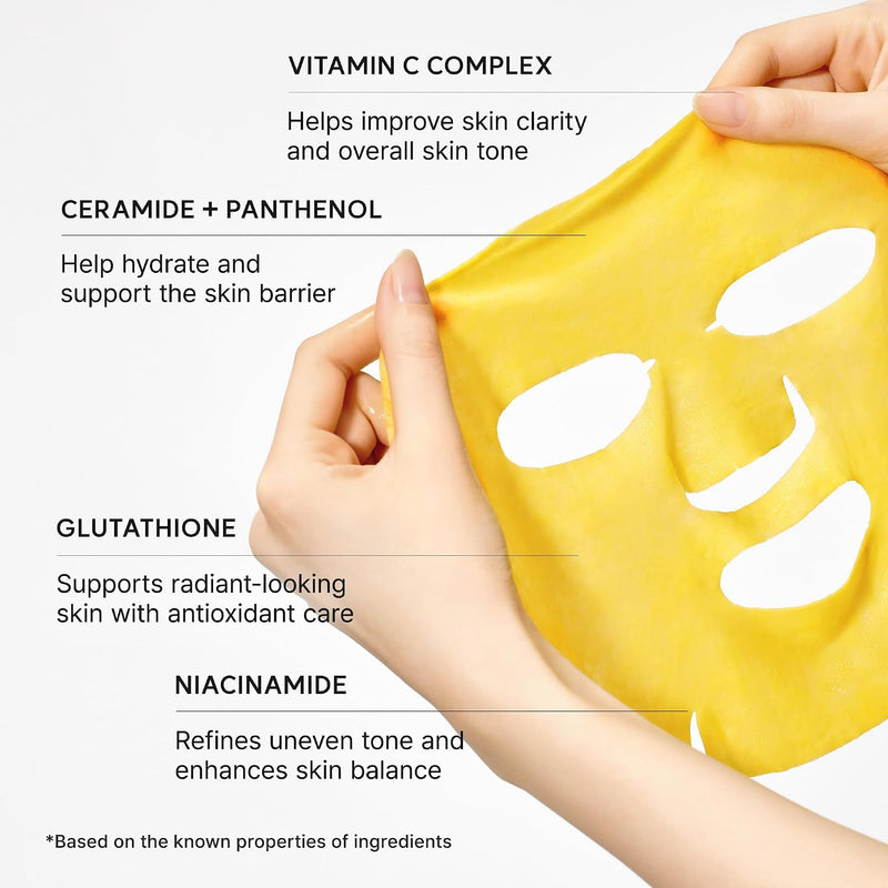 Vitamin C Booster Sheet Mask, Hydrating Face Mask with Glutathione & Niacinamide, Supports Even-Looking Skin Tone & Smooth Texture, 5 Sheets