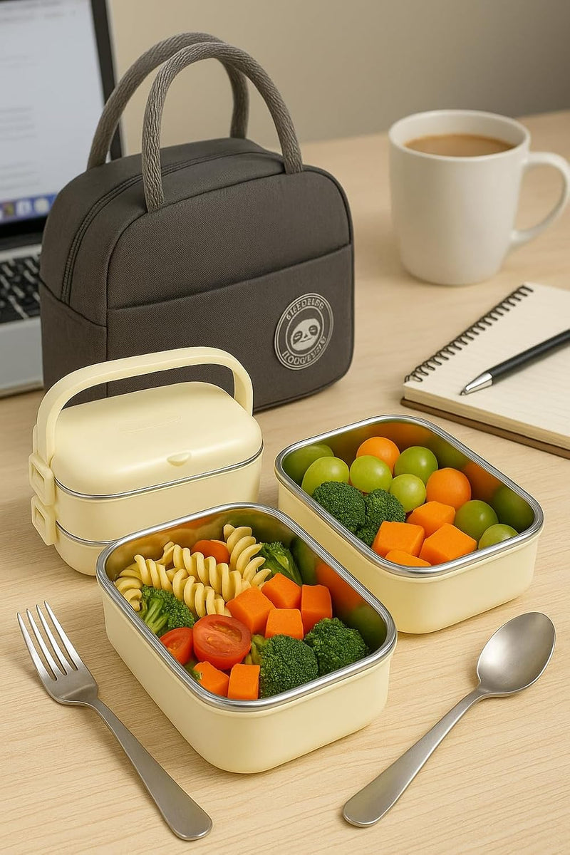 Stainless Steel Lunch Box - 1400ml 2 -Layer Bento Box with Insulated Bag, Spoon & Fork, Leakproof, BPA-Free, Dishwasher Safe - Ideal for Kids & Adults, Office, School, Travel (Cream White)
