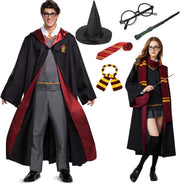 Unisex Wizard Cloak Costume Set for Kids, 6Pc Magician Wizarding Robe Outfits with Hooded Cape Magic Hat Wand Scarf Glasses Tie Movie Dress Up Accessory for Halloween Cosplay - Adult