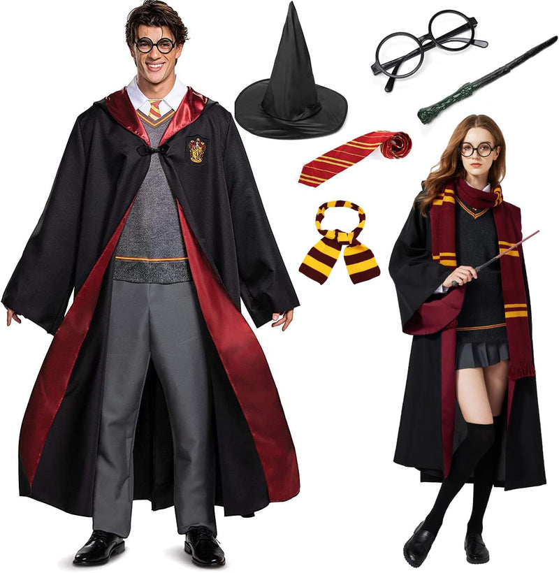 Unisex Wizard Cloak Costume Set for Kids, 6Pc Magician Wizarding Robe Outfits with Hooded Cape Magic Hat Wand Scarf Glasses Tie Movie Dress Up Accessory for Halloween Cosplay - Adult