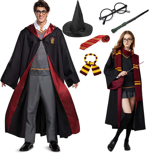 Unisex Wizard Cloak Costume Set for Kids, 6Pc Magician Wizarding Robe Outfits with Hooded Cape Magic Hat Wand Scarf Glasses Tie Movie Dress Up Accessory for Halloween Cosplay - Adult