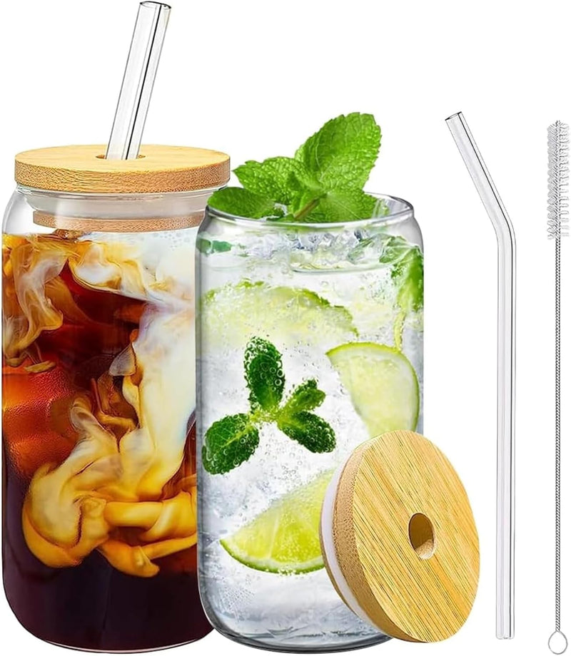 TAME Glass Cups with Bamboo Lids and Straws,16OZ Ice Coffee Cup, Beer Can Shaped Drinking Glasses Set of 2, Drinking Cup with lid, Cute Glass Tumblers for Beer, Cocktail, Tea and Latte