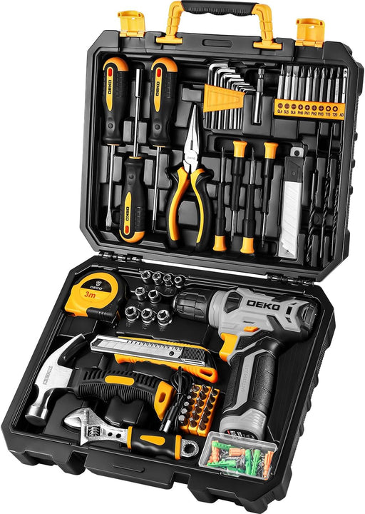 DEKOPRO 126-Piece Power Tool Combo Kit with 8V Cordless Drill, NiMh Battery, 10MM 3/8'' Keyless Chuck, DIY Hand Tools for Garden, Office, House Repair - Yellow