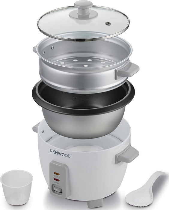 KENWOOD 2-in-1 Rice Cooker 0.6L 3-Cups Rice with Food Steamer Basket, Non-Stick Cooking Pot, Temepered Glass Lid, Warm/Cook Lights, Spatula Holder, Detachable Cord RCM30.000RD Red