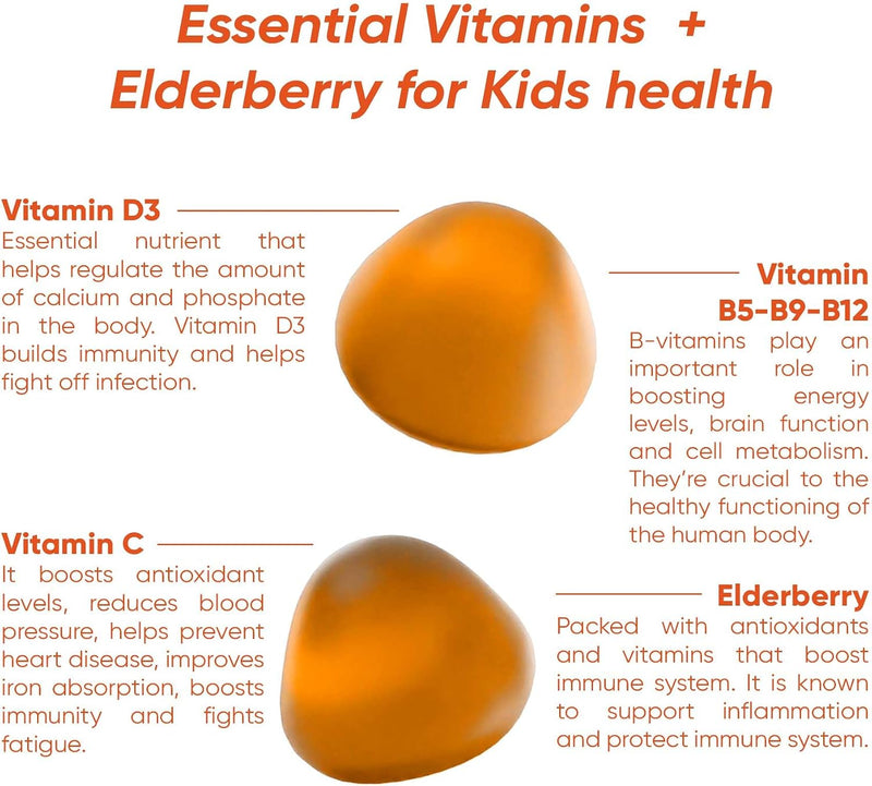 KIDS Sugar-free Vitamin Gummies High dose of Multivitamins: B-Vitamins C and D, Elderberry extract Supports childs growth & immunity Suitable for Kids (age 4+) 60 Vegan Gummies Peach flavor