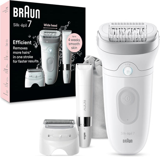 Silk-épil 7, Epilator with Wide Head for Easy Hair Removal, Wet & Dry, Lasting Smooth Skin, with Lady Shaver Head & Trimmer Comb, Body Mini Shaver, 7-441, White/Silver - SE7-441