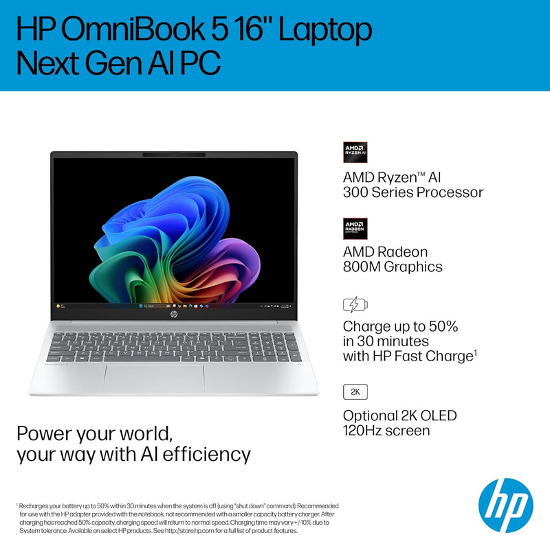OmniBook 5 Laptop 2025 Model 16" 2K AMD Ryzen 7 8840U 16GB RAM 512GB SSD Windows 11 Glacier silver Standalone 16-BC1002NE En-Ar Keyboard UAE Version