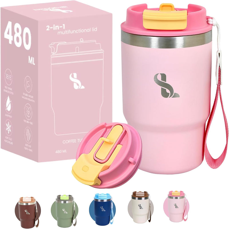 SimplyLivin. Premium Tumbler with Lid and Straw | 480ml (16oz) | Hot and Cold Drinks | Leak Proof | Travel Mug | Coffee Cup | Double Wall Stainless Steel | Unique Packaging for Gifts | Classic Beige