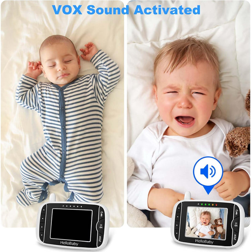 HelloBaby Baby Monitor Camera and Audio, 3.2 Inch Video Baby Monitor No WiFi,2-Way Talk, AUTO Night Vision, VOX Sound Activated Screen, Temperature Monitoring, 8 Lullabies and 1000ft Range,8 Languages