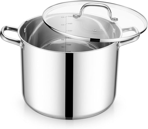 E-far 16 Quart Stainless Steel Pot, Induction Stockpot with Glass Lid - 16 Quarts