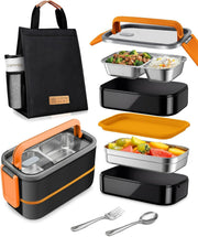 Stainless Steel Lunch Box: 1100ml 2-Layer Insulated Bento Lunch Box for Adults and kids - 304 Lunch Containers Insulated Leakproof with Tableware & Bag - Microwave & Dishwasher Safe (Khaki) - Black
