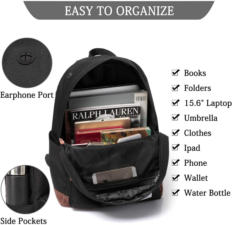 VASCHY Men's Backpack, Women's Waterproof School Bag, Boy Girl Computer 15.6 Inch Vintage for School, College, Work, Travel, Leisure