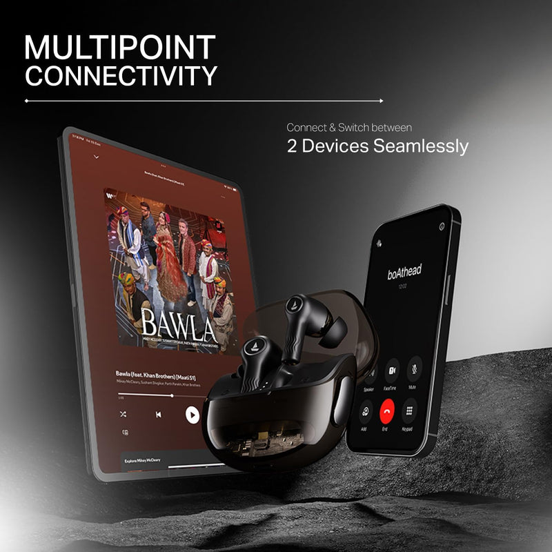 boAt New Launch Nirvana Crystl, Transparent Case,Spatial Audio, ANC(32dB), 100Hrs Battery,4Mics ENx, Dual Pair,App Support, Bluetooth Earbuds, TWS Ear Buds Wireless Earphones with mic (Quantum Black)