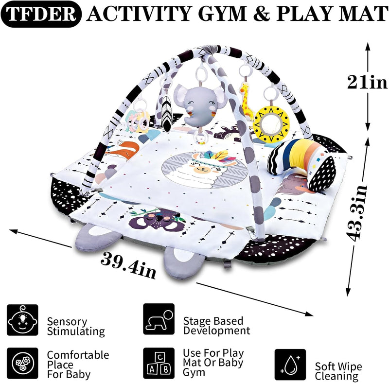 TFDER 7-in-1 Baby Play Gym, Infant Non-Slip Activity Blanket, Crawling Mat with Play Arch and Sensory Toys,Baby Toys 0+ Months,Black and White
