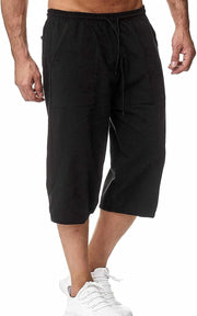 Men's Long Linen Shorts Below Knee Pocketed 3/4 Summer Drawstring Capri Pant - Black