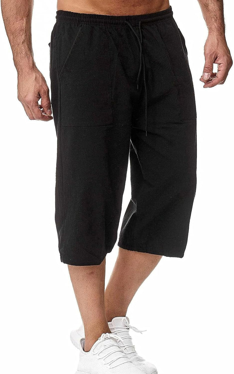 Men's Long Linen Shorts Below Knee Pocketed 3/4 Summer Drawstring Capri Pant - Black