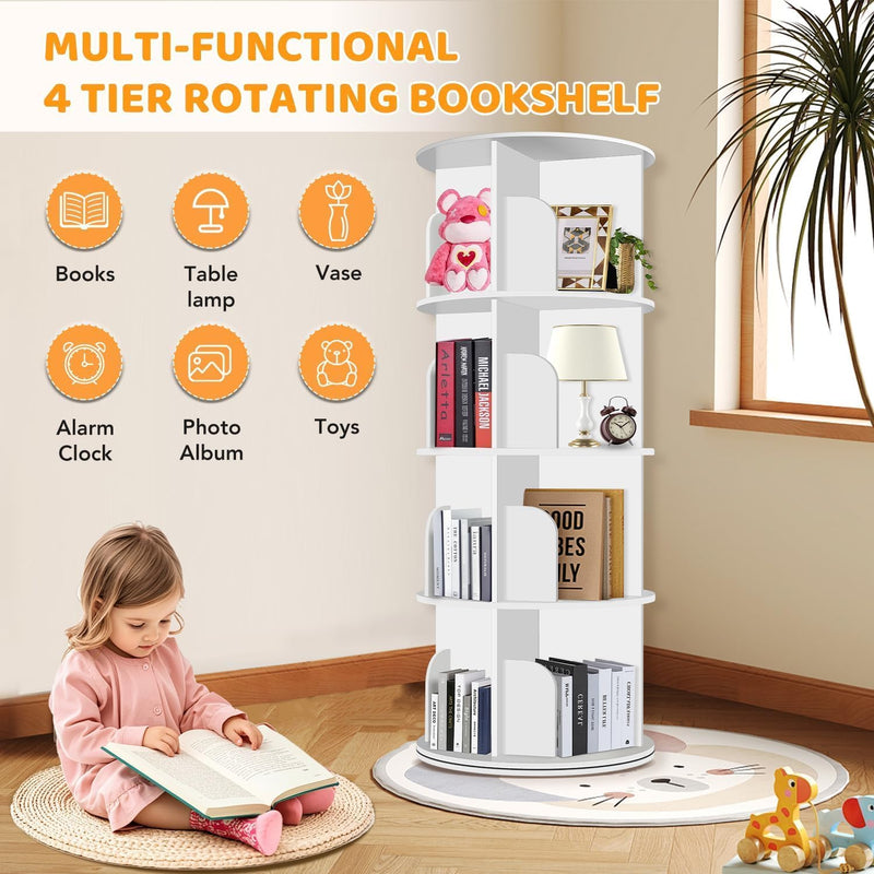 4 Tier Rotating Bookshelf Tower, Spinning Bookshelf, Revolving 360 Bookcase Storage Round Carousel, Vertical Rotate Turning Spiral Corner Organizer, White
