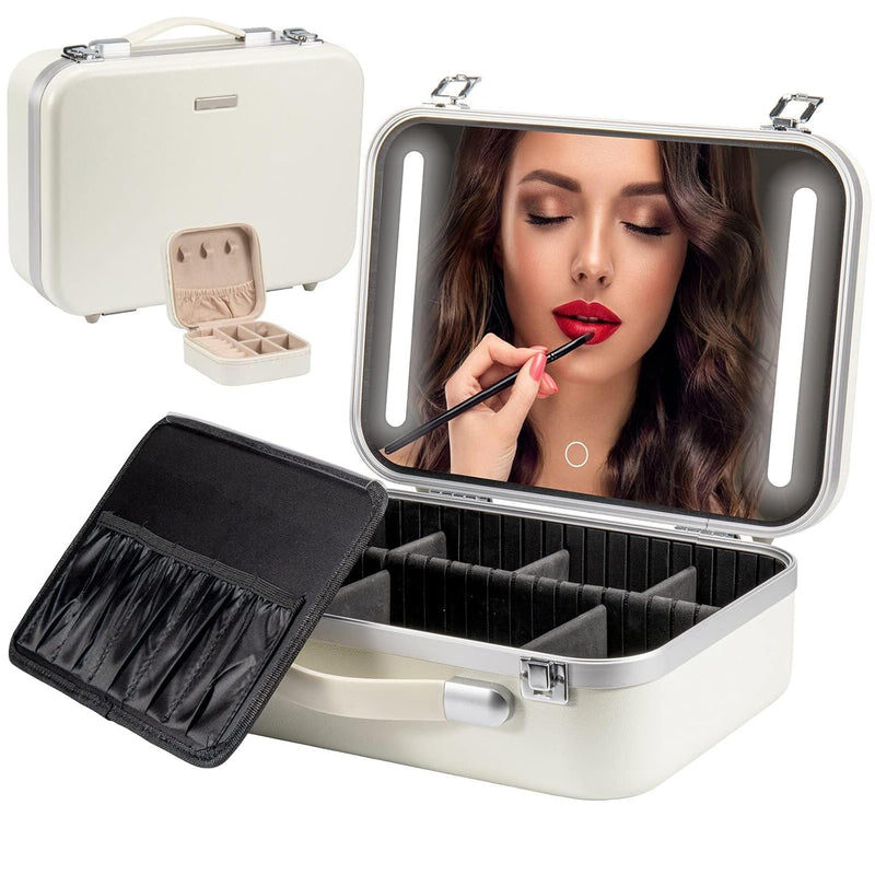 Makeup Travel Case with Mirror - Lighted Cosmetic Bag Organizer with Large LED Light Mirror, Professional Adjustable Divider Storage, Waterproof Portable Make up Train Box Accessories And Tools Case