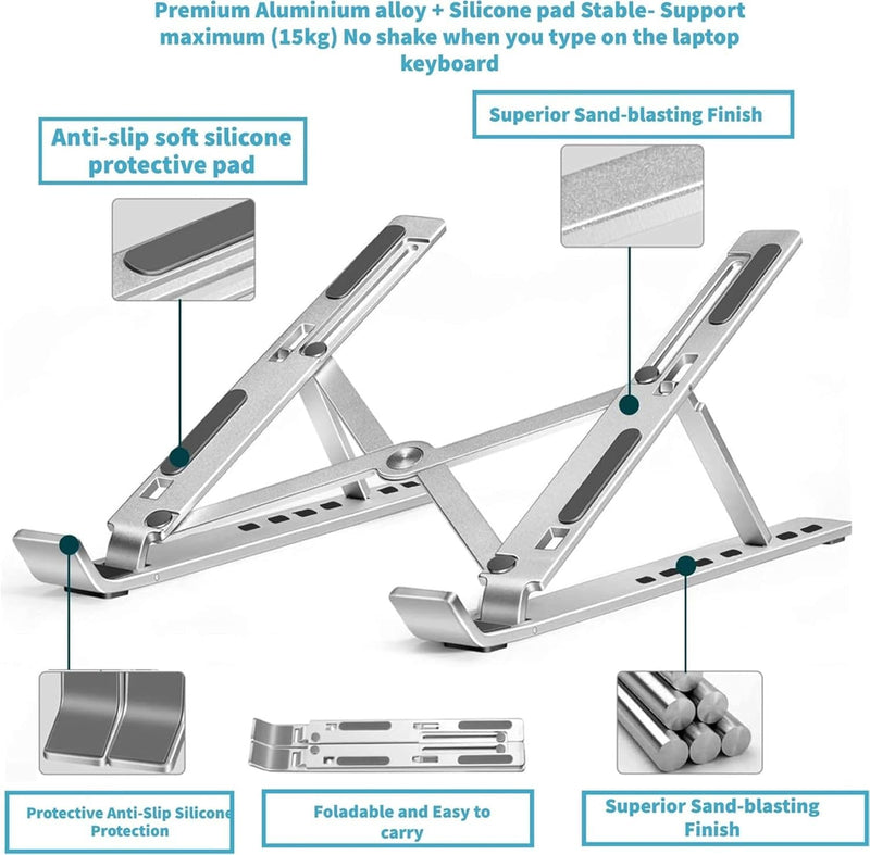 Adjustable Laptop Stand for Desk- Foldable Aluminum Laptop Stand Silver- Lightweight, Portable Laptop RiserDurable Laptop Holder Adjustable Compatible with MacBook, Dell, HP & More- 27x5.5x2.5cm