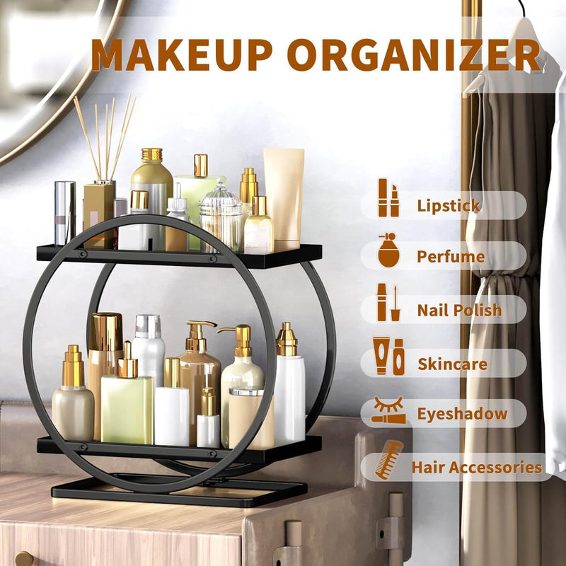 WEKOTEE Makeup Organizer for Vanity, Black Gold Perfume Organizer for Dresser- 2 Tier Skincare Organizers Bathroom Countertop Organizer, Make Up Counter Shelf Cosmetic Display Tray (55-02)
