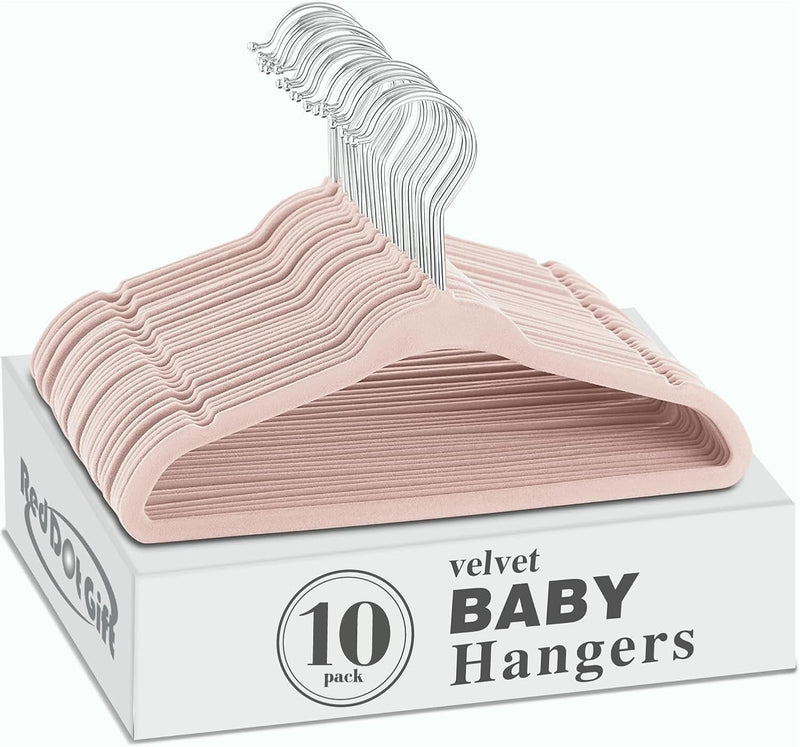 Red Dot Gift® 10-Pack Baby Velvet Hangers - Nursery Clothes Hangers Non Slip Toddler Hangers, 360 Chrome Swivel Hook (White, 28 cm)