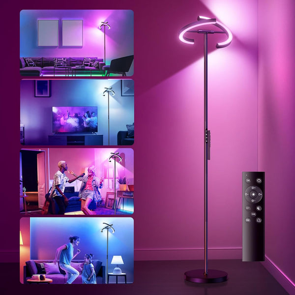 RGB Floor Lamp Living Room LED Dimmable 20 W, LED Floor Lamp RGB Modern Uplighter with Remote Control 1300 lm, 3000 K - 6000 K Touch Floor Lamp Reading Lamp for Living Room Bedroom Office Hotel - black