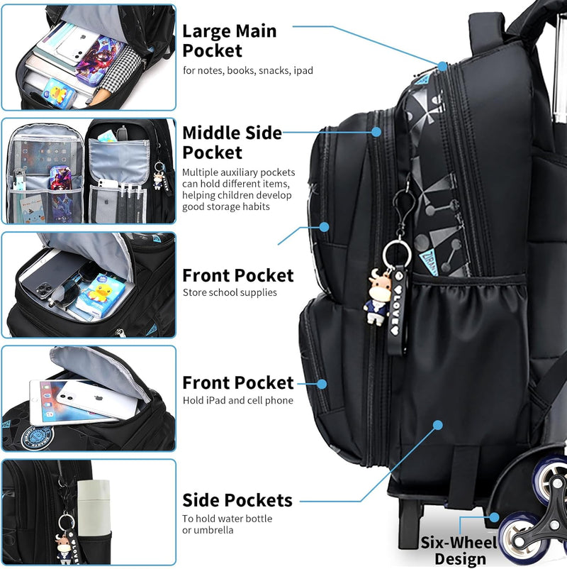 Pomefar Trolley School Bag for Boys, Rolling School Backpack With 6 Wheelsï¼Œ Side-Opening Waterproof School Bag For 15.6inch Laptop, School and Travel