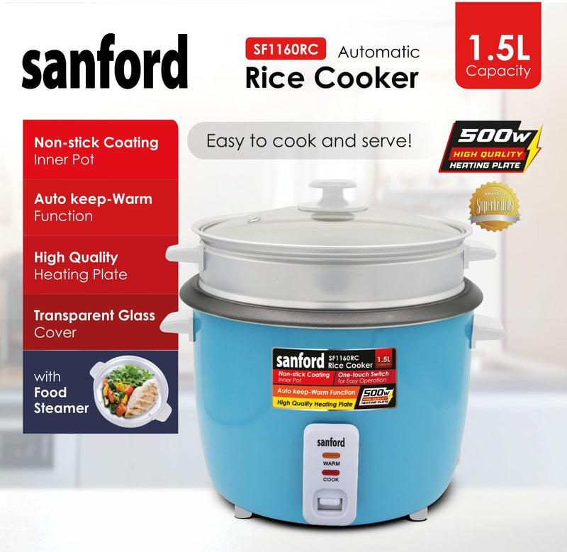 Sanford 1.5L Automatic Rice Cooker with Steamer & Keep Warm | 500W Power | Non-Stick Pot| (GREEN)
